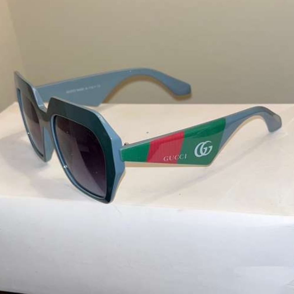 Gucci Light Blue /Gray Square Sunglasses with Green & Red Temple Stripe